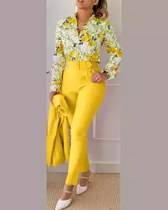 Conjunto de 2 piezas con estampado para mujer, traje informal con botones, camis