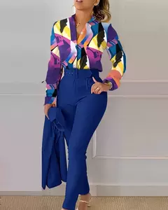 Conjunto de 2 piezas con estampado para mujer, traje informal con botones, camis