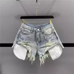 Short mexclilla rasgados para mujer, vaqueros de cintura alta
