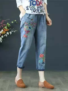 Pantalones de cintura elásticos bordados con cordones. - comprar en línea