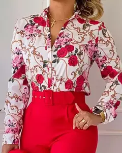 Imagen de Conjunto de 2 piezas con estampado para mujer, traje informal con botones, camis