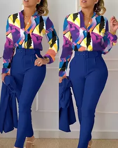 Conjunto de 2 piezas con estampado para mujer, traje informal con botones, camis