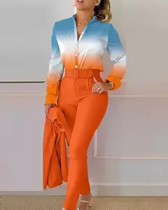 Conjunto de 2 piezas con estampado para mujer, traje informal con botones, camis