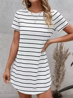 Vestido a rayas con botones en la espalda y dobladillo curvo para mujer