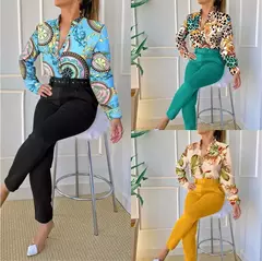 Conjunto de 2 piezas con estampado para mujer, traje informal con botones, camis - tienda en línea
