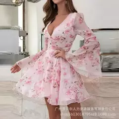 Vestido de cuello V, con estampado florar primavera-verano para mujer - TOKO Directo a tu Puerta