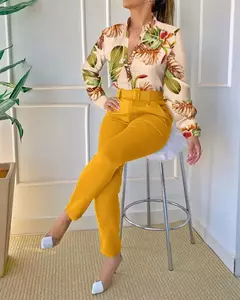 Conjunto de 2 piezas con estampado para mujer, traje informal con botones, camis