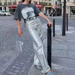 Pantalones Rectos Metálico - tienda en línea