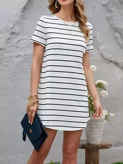 Vestido a rayas con botones en la espalda y dobladillo curvo para mujer