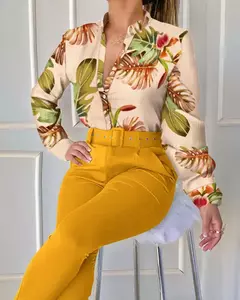 Conjunto de 2 piezas con estampado para mujer, traje informal con botones, camis - tienda en línea
