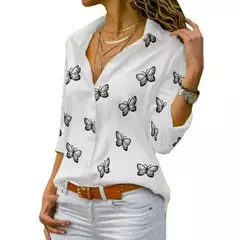 Blusa holgada de manda larga con estampado de mariposa - tienda en línea