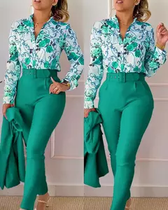 Conjunto de 2 piezas con estampado para mujer, traje informal con botones, camis