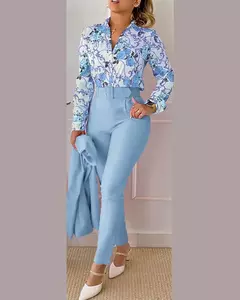 Conjunto de 2 piezas con estampado para mujer, traje informal con botones, camis en internet