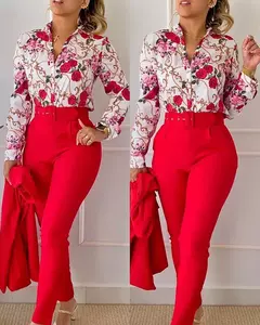 Conjunto de 2 piezas con estampado para mujer, traje informal con botones, camis