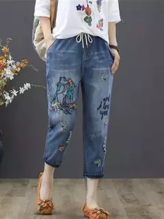 Pantalones de cintura elásticos bordados con cordones. - tienda en línea