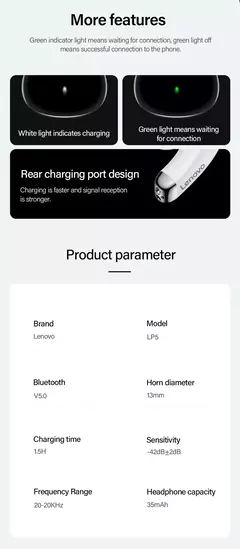 Lenovo-auriculares inalámbricos LP5 TWS con Bluetooth en internet