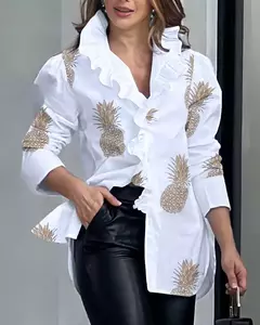 Blusa de manga larga con volantes y cuello en V. - tienda en línea