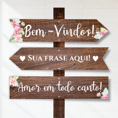 Placa de Casamento Madeira Escura + Flor com Frase Personalizada