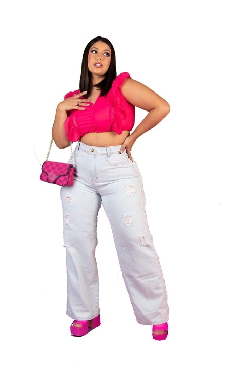 Calça Jeans Wide Leg Lavagem clara delavê