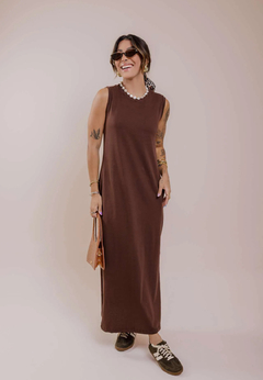 Vestido Longo Cavado com Bolso - Mocha Mousse
