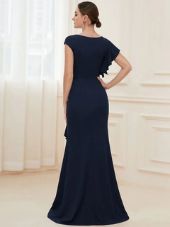 Vestido de Fiesta Largo con Escote en U, Silueta en A, Abertura y Mangas Cubrientes - comprar en línea