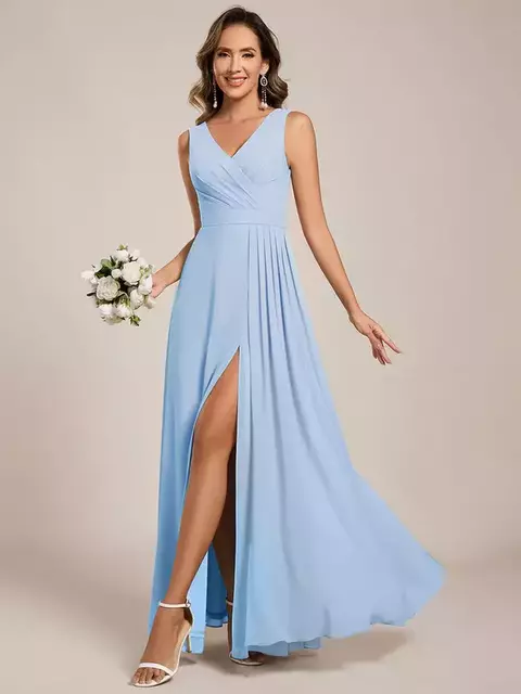 Vestido de dama de honor sin mangas corte A con escote en V y abertura, largo hasta el suelo - comprar en línea