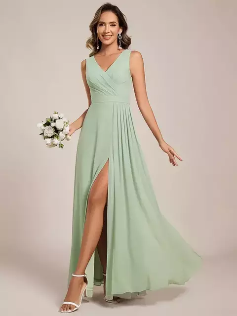 Vestido de dama de honor sin mangas corte A con escote en V y abertura, largo hasta el suelo - comprar en línea