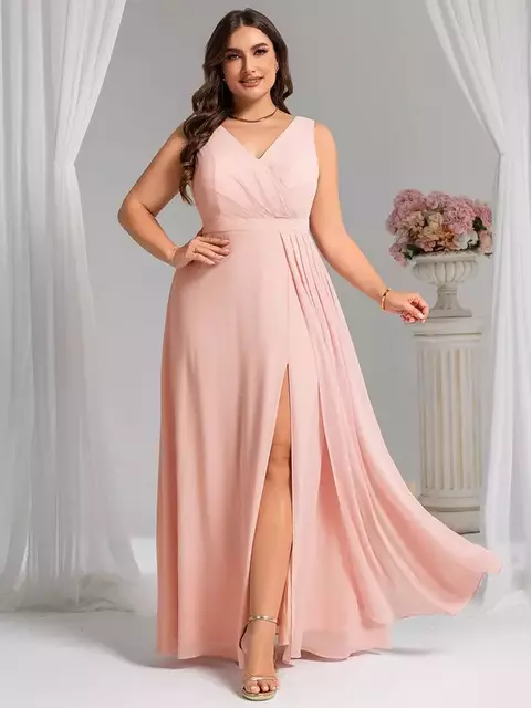 Vestido Curvy de dama de honor sin mangas corte A con escote en V y abertura, largo hasta el suelo - comprar en línea
