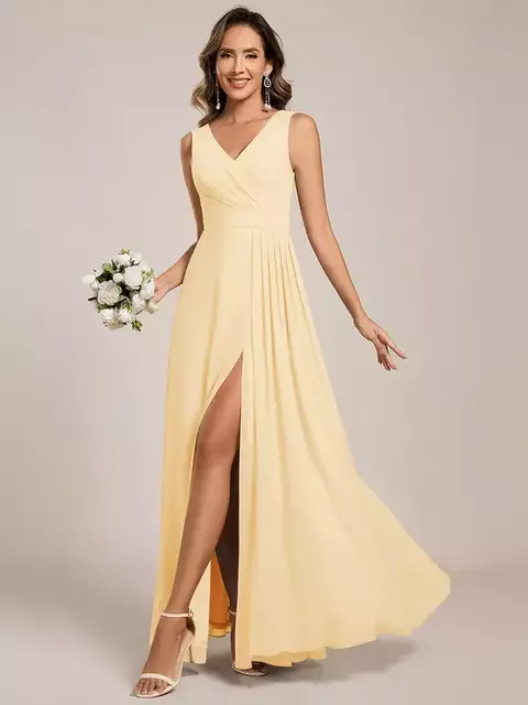 Vestido de dama de honor sin mangas corte A con escote en V y abertura, largo hasta el suelo - comprar en línea