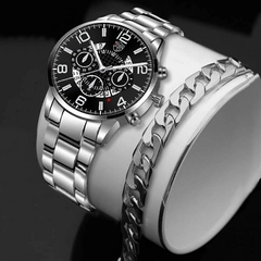 Imagem do 2PCS Moda Mens Pulseira Conjunto de Relógios Luxo Men Sports Prata Aço Inoxid?