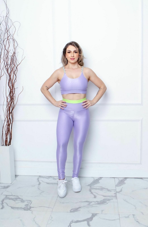 Conjunto Canelado Alça Trançada - Lavanda / Verde neon