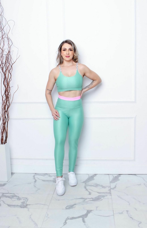 Conjunto Canelado Alça Trançada - Pistache/ Rosa neon