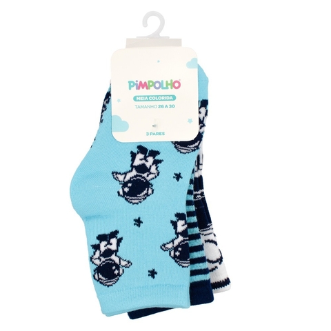 Kit 3 Pares Meia Tam 26 a 30 Azul Astronauta - Pimpolho