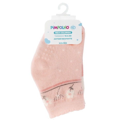 Kit 3 Pares Meia Tam 16 a 20 Rosa Flores - Pimpolho