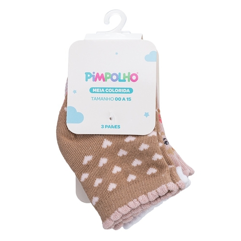Kit 3 Pares Meia Tam 00 a 15 Rosa Coração - Pimpolho