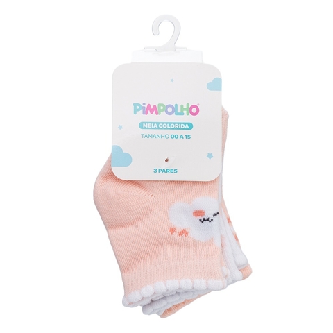 Kit 3 Pares Meia Tam 00 a 15 Rosa Nuvem - Pimpolho