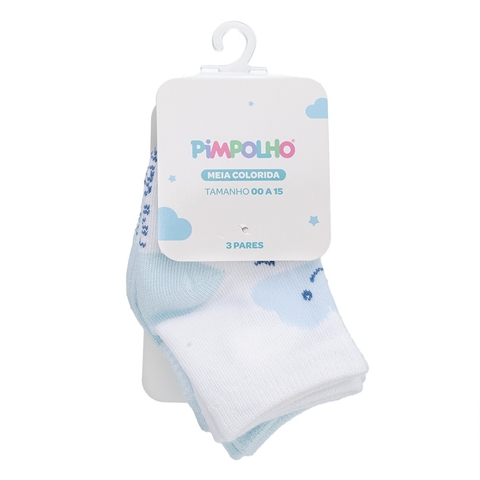 Kit 3 Pares Meia Tam 00 a 15 Azul Nuvem - Pimpolho