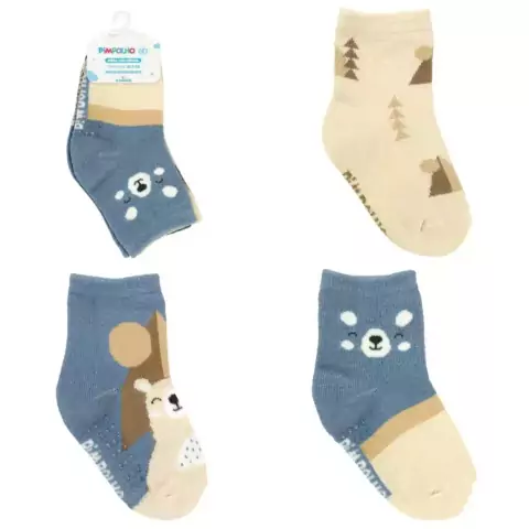 Kit 3 Pares Meia Tam 21-25 Urso Bege/Azul - Pimpolho
