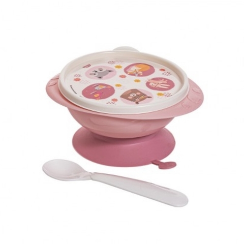Tigela com Ventosa Tampa e Colher - Animais Rosa