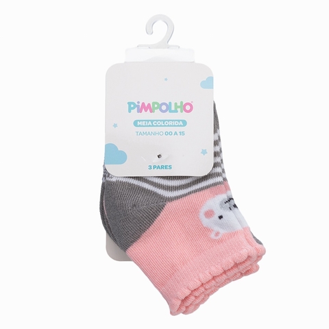 Kit 3 Pares Meia Tam 00 a 15 Rosa Ursinha - Pimpolho