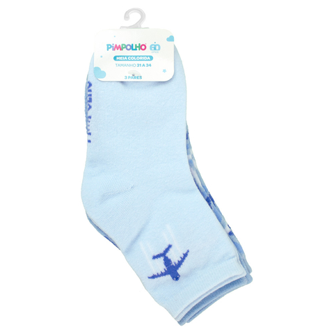 Kit 3 Pares Meia Tam 31 a 34 Azul Avião - Pimpolho