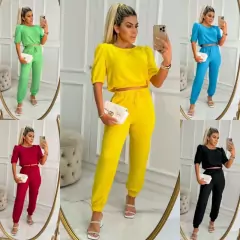 Conjunto De Duna Feminina cropped com manga princesa com elastico na barra E calca jogger