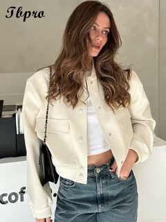 Moda Bolso Jaqueta Curta Mulheres Sólida O Pescoço Casaco de Manga Comprida 20 - comprar online
