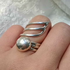 Anillo Ancho Media Bolita y Espiral Plata 950