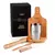 Imagem do Kit composto por seis acessórios para caipirinha, sendo um copo em aço inox escovado de 350ml; faca 4 para frutas em Madeira/Inox; socador/pilão, colh