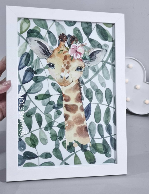 QUADRO TEMA GIRAFA SAFARI AQUARELA