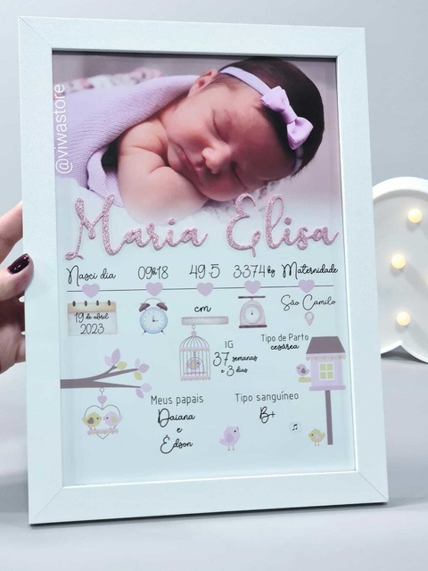 QUADRO MEU NASCIMENTO COM FOTO ( PASSARINHOS )