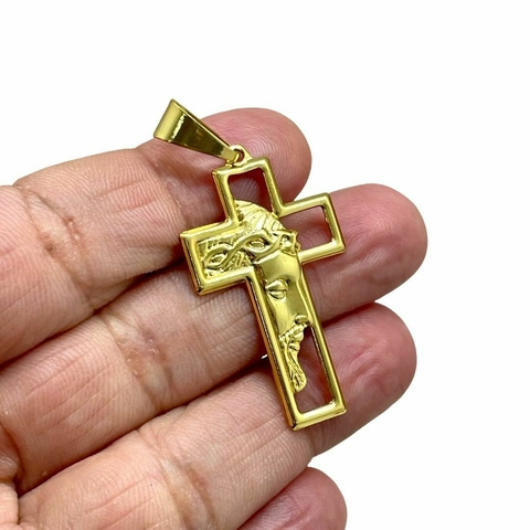 Pingente Cruz Face de Cristo Vazado (P) Banhado A Ouro 18k