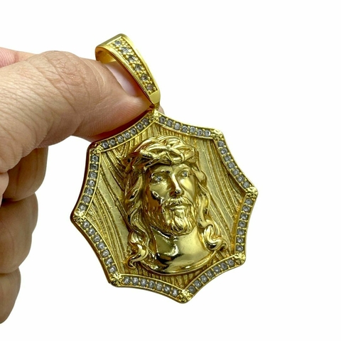 Pingente Face de Jesus Cristo 3D Octogonal Cravejado (G) Banhado A Ouro 18k