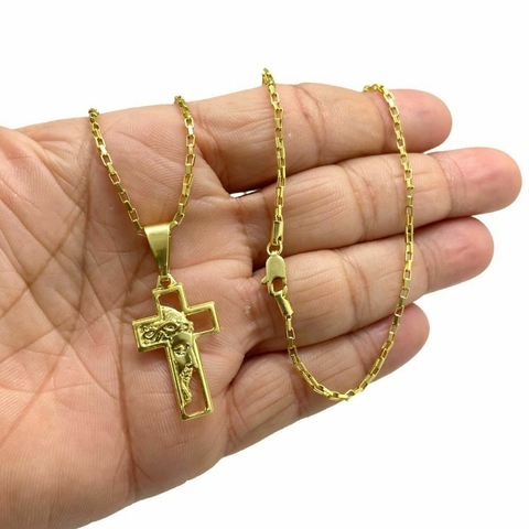 Corrente 2mm Tijolinho Premium + Pingente Cruz Face de Cristo Banhado A Ouro 18k